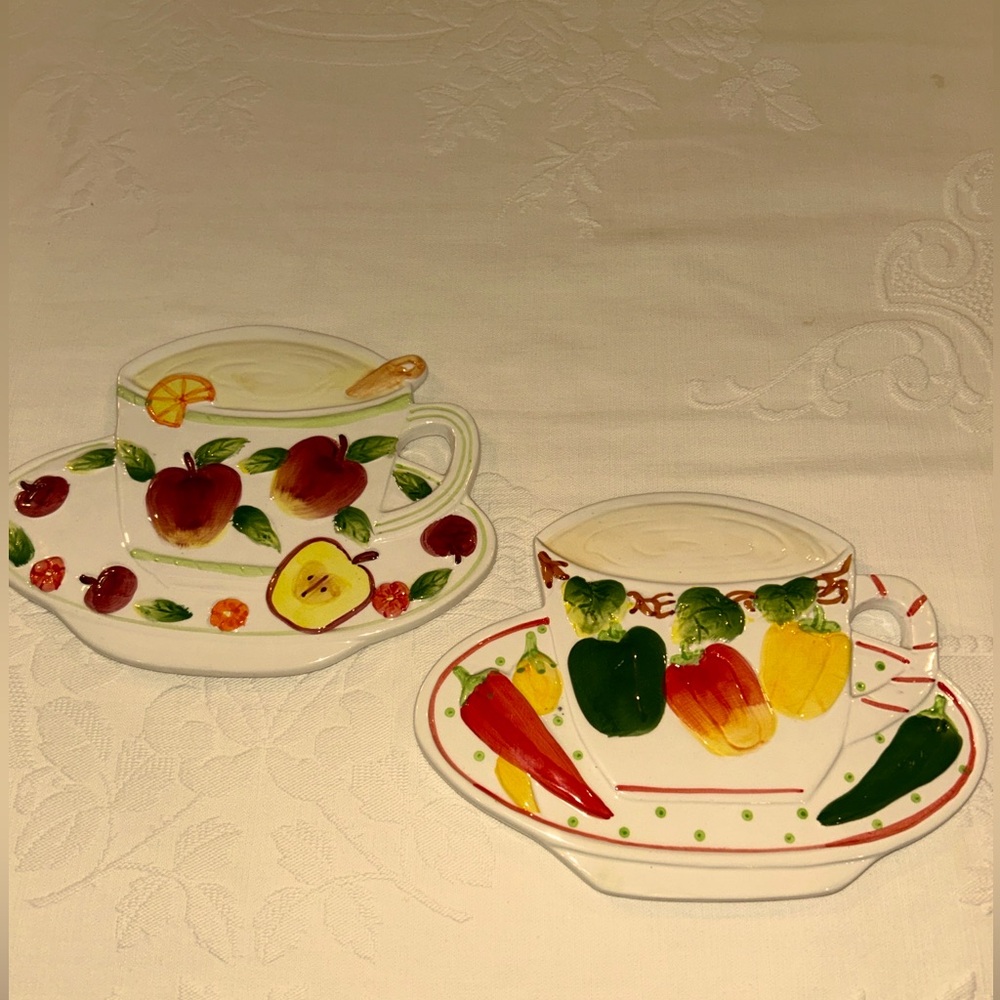 Pair of pretty ceramic cup & saucer plaques for kitchen display.